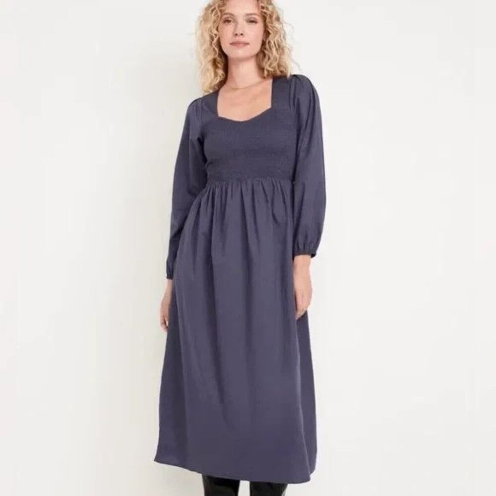 Old Navy Fit and Flare Midi Dress Smocked 100% Cotton Volcanic Glass Blue S Tall